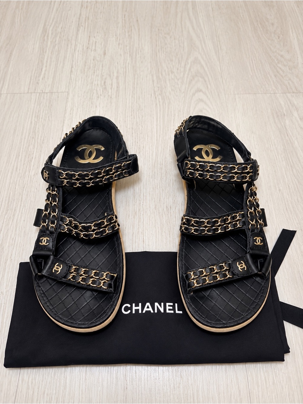 DC Black Sandals with Gold Chain Trim